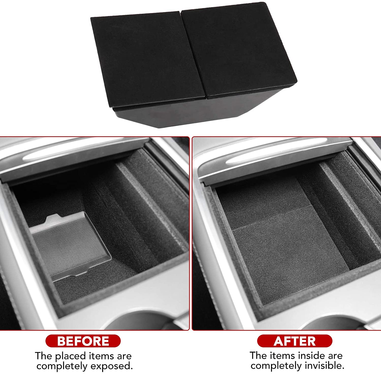2021 Tesla Model 3, Y Center Console Organizer Hidden Storage Box, W/ Flocking, 2021