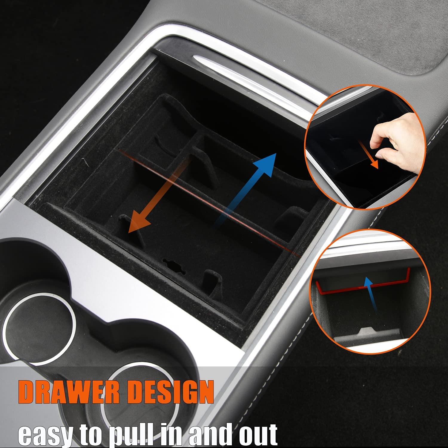 Tesla Model 3, Y Center Console Organizer Tray, Flocked Armrest Storage Box Hidden Cubby Drawer with Cable Hole