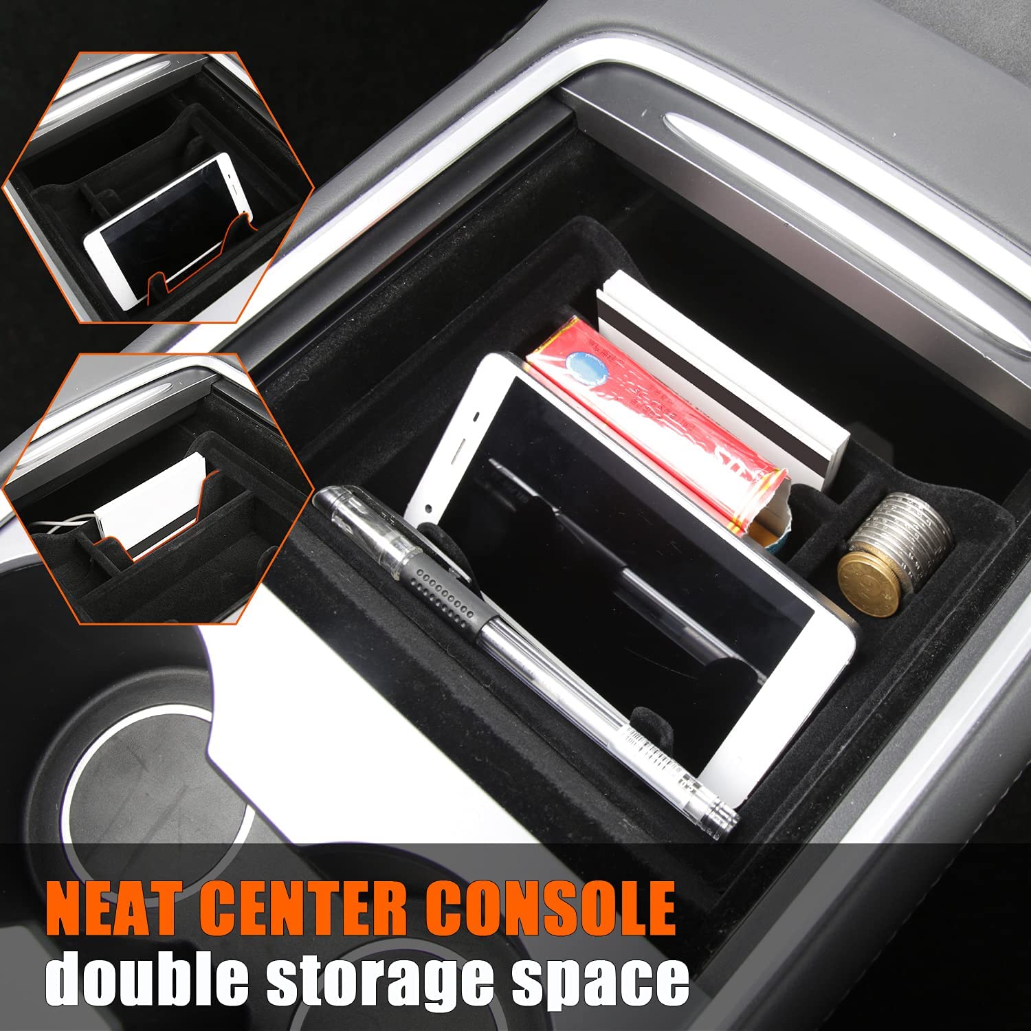 Tesla Model 3, Y Center Console Organizer Tray, Flocked Armrest Storage Box Hidden Cubby Drawer with Cable Hole