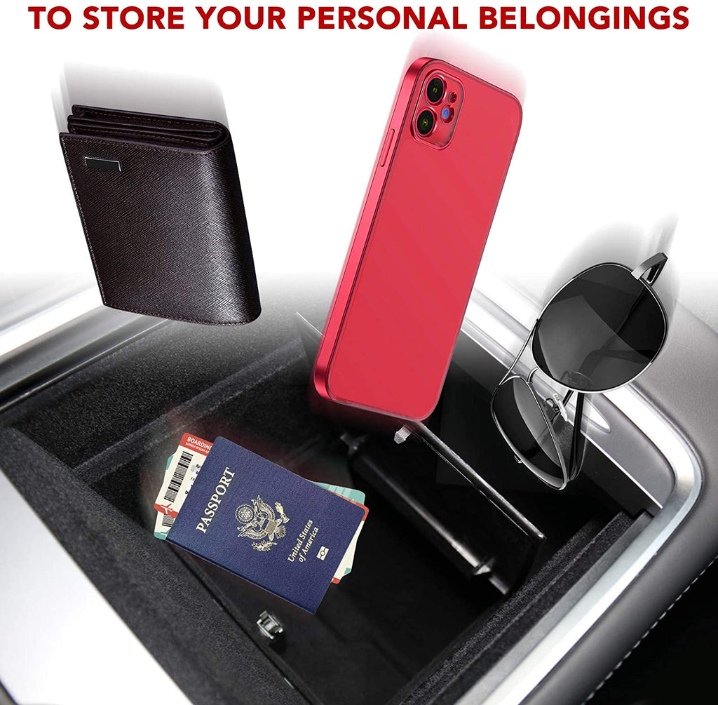 2021 Tesla Model 3, Y Center Console Organizer Hidden Storage Box, W/ Flocking, 2021