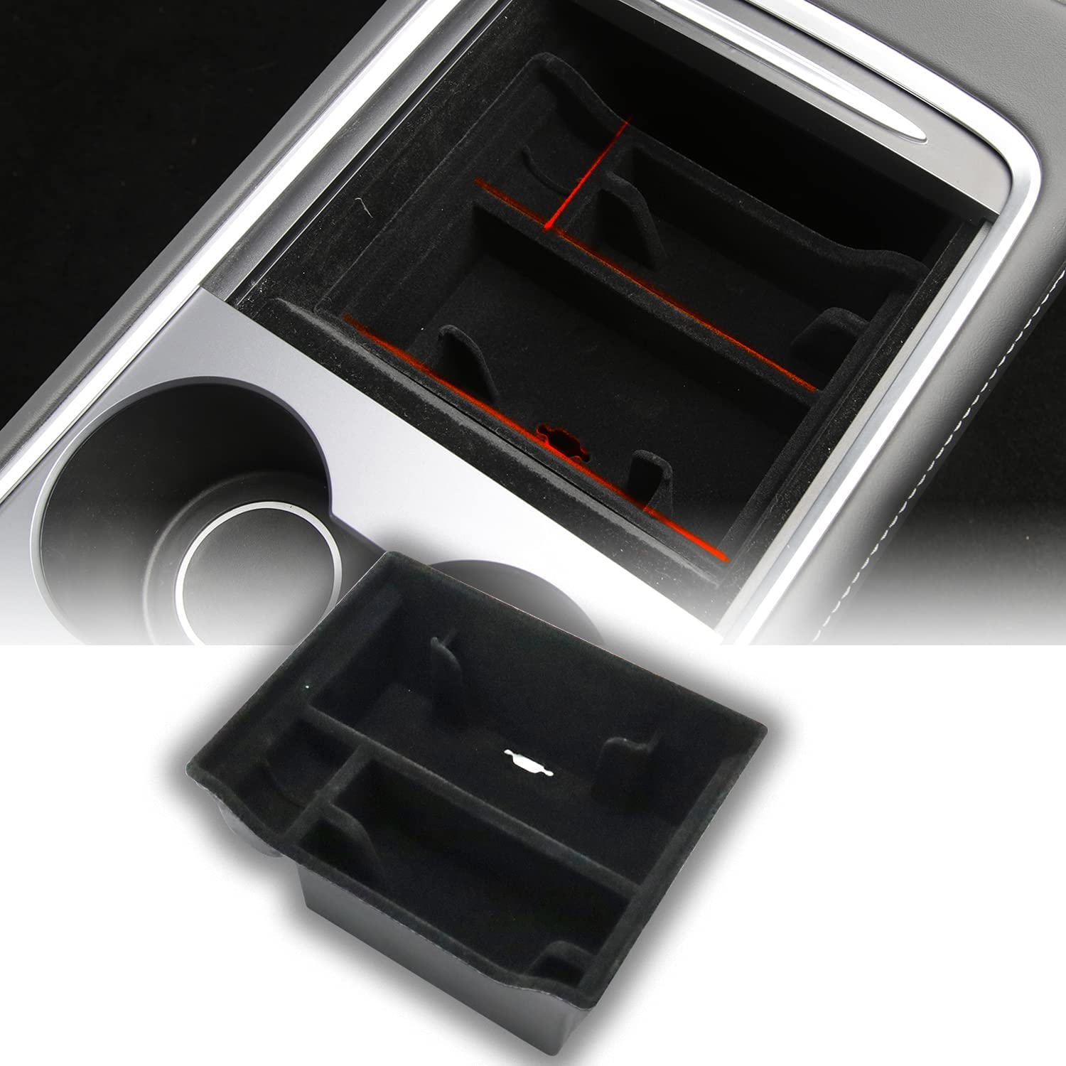 Tesla Model 3, Y Center Console Organizer Tray, Flocked Armrest Storage Box Hidden Cubby 2021-2022