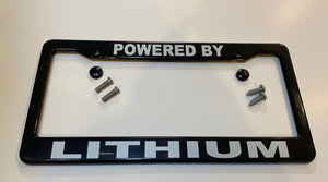 Tesla Model S, 3, X, Y, Cybertruck Black ABS License Plate Frame with lettering "POWERED BY LITHIUM"