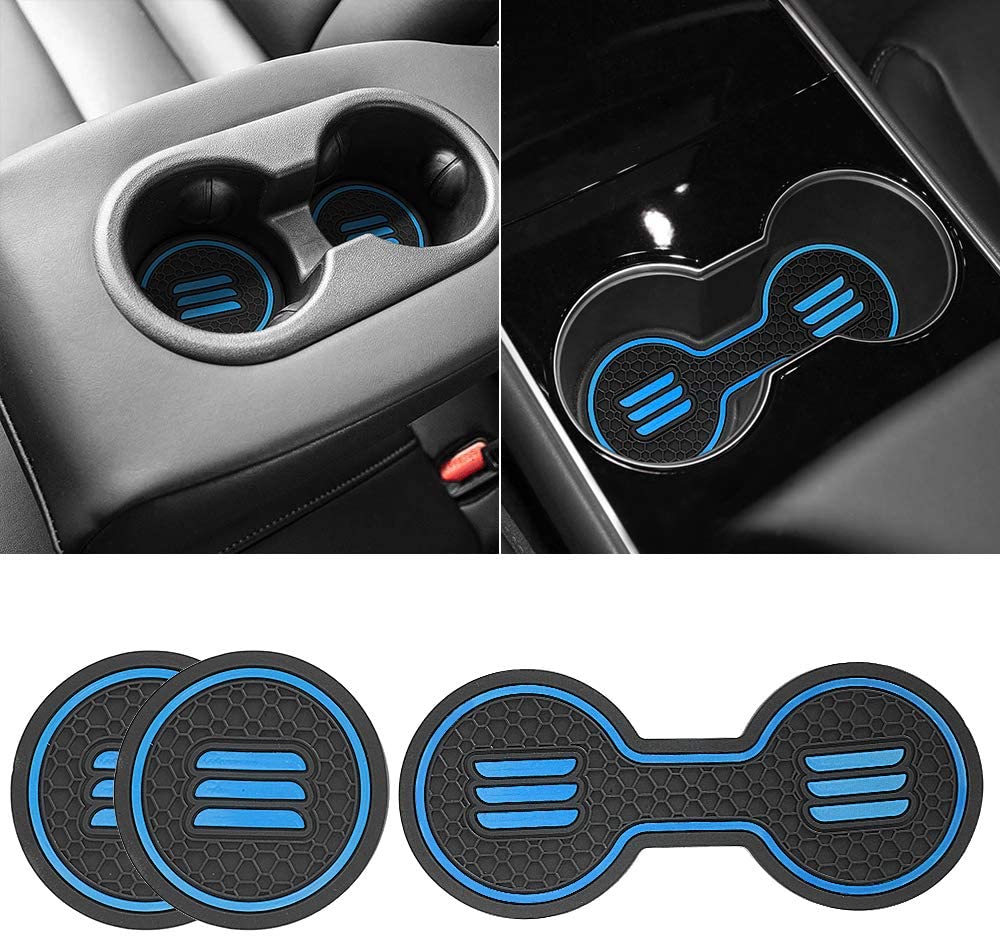 Tesla Model 3 Cup Holder Coaster Inserts, 3 Pcs Set, Blue, 2017-2021