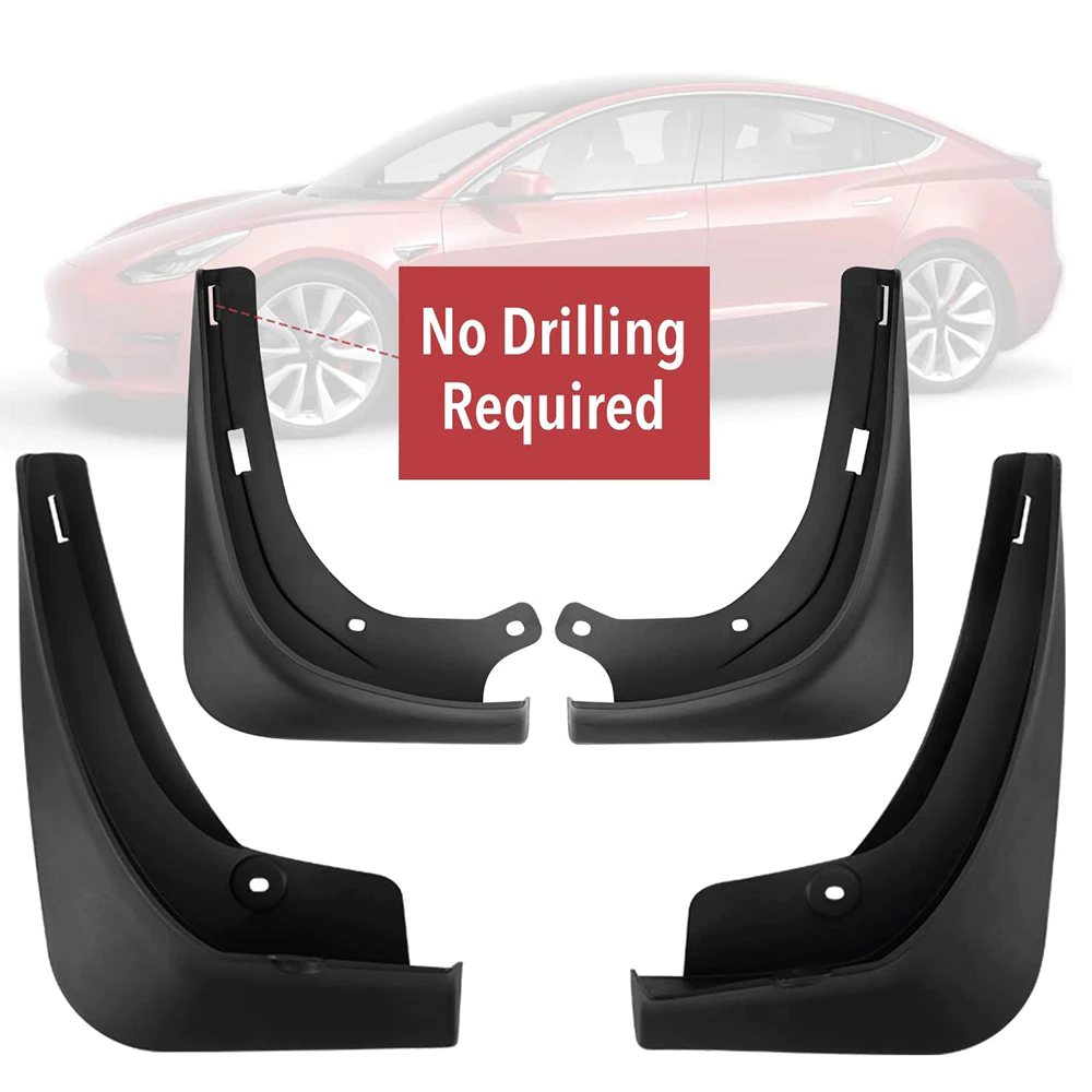 Tesla Model 3 Mud Flaps, No-Hole, ABS, 4-Piece Set, 2017-2021