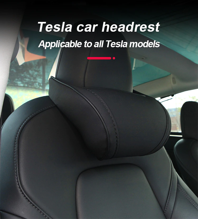 Tesla Model S, 3, X, Y Headrest Neck Pillow, Adjustable, Black Leather