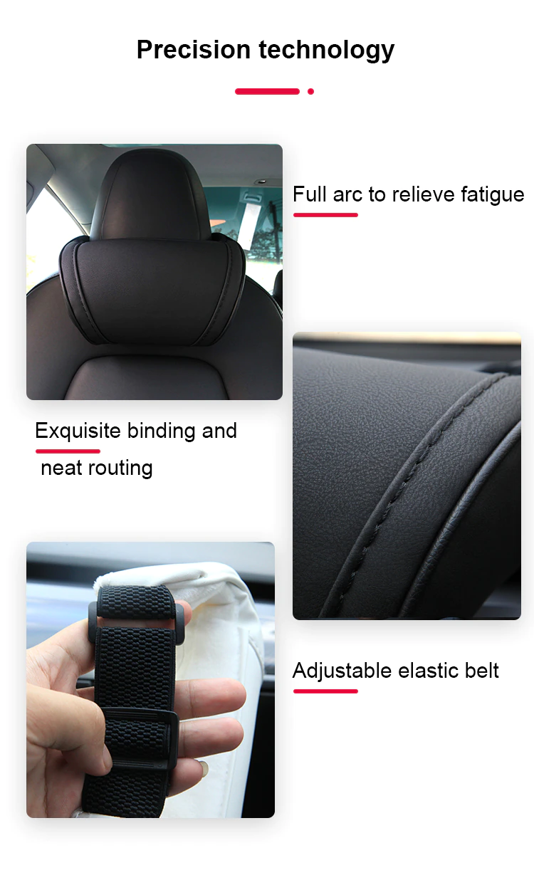 Tesla Model S, 3, X, Y Headrest Neck Pillow, Adjustable, Black Leather
