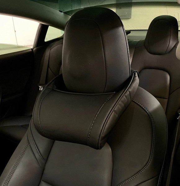 Tesla Model S, 3, X, Y Headrest Neck Pillow, Adjustable, Black Leather