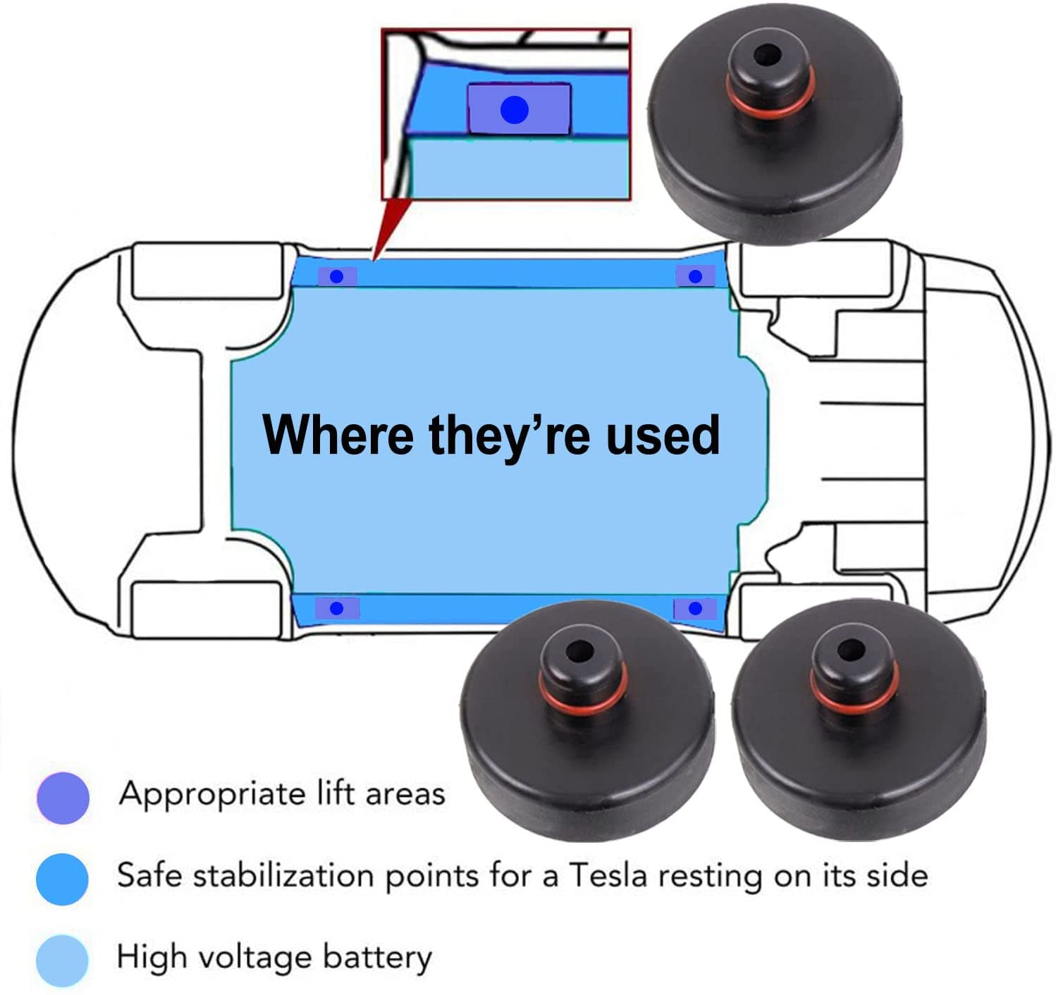 Tesla Model S, 3, X, Y Jack Lifting Pad Pucks Adapter Set, (4) Piece Set