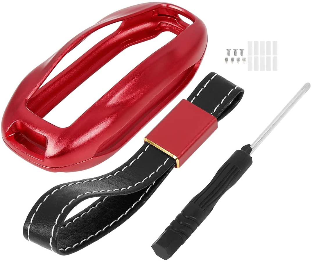 Tesla Model S, 3, Y, Aluminum Key Fob Cover with Key Chain, Red