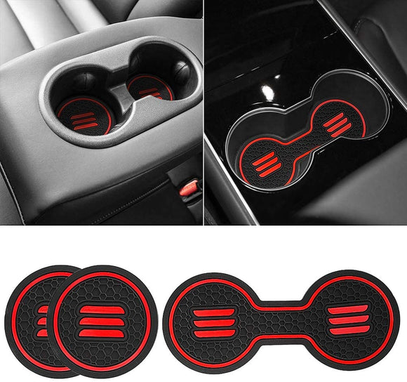 Tesla Model 3 Cup Holder Coaster Inserts, 3 Pcs Set, Red, 2017-2021