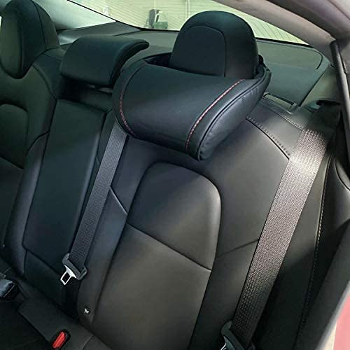 Tesla Model S, 3, X, Y Headrest Neck Pillow, Adjustable, Black Leather with Red Stitching