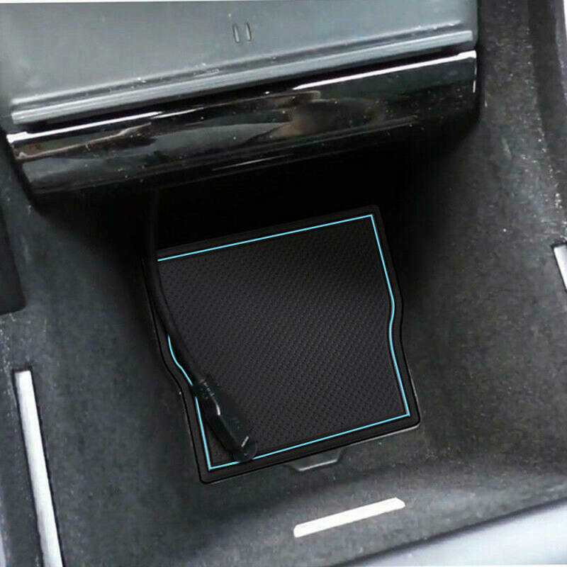 Tesla Model 3 Cup Holder & Center Console Mat Liner Set, 7-Piece, Black / Blue, 2017-2020