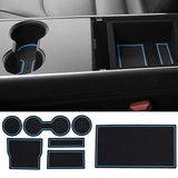 Tesla Model 3 Cup Holder & Center Console Mat Liner Set, 7-Piece, Black / Blue, 2017-2020