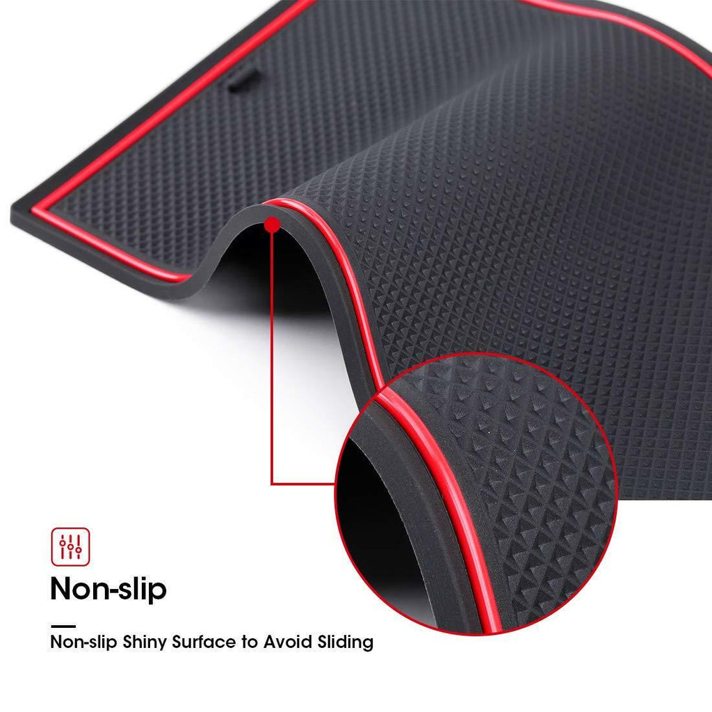 Tesla Model 3 Cup Holder & Center Console Mat Liner Set, 7-Piece, Black / Red, 2017-2020