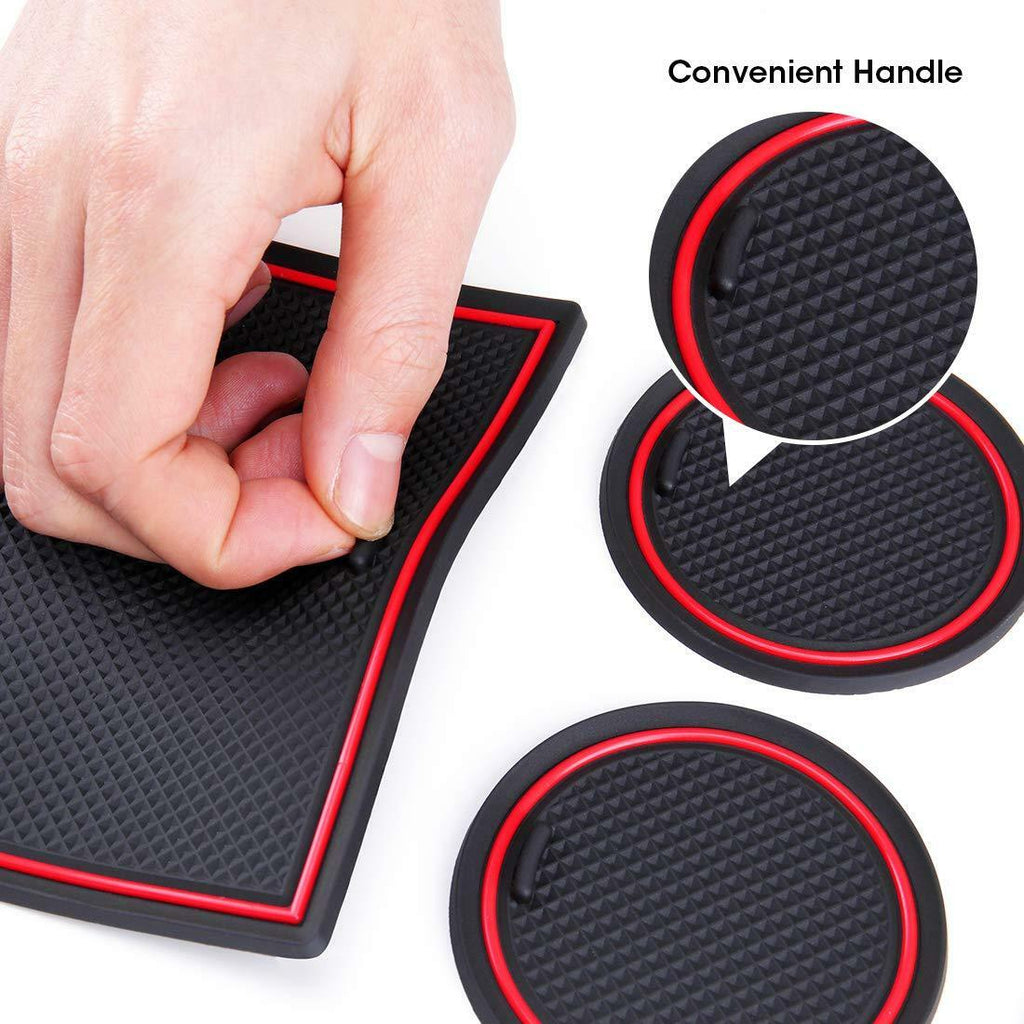 Tesla Model 3 Cup Holder & Center Console Mat Liner Set, 7-Piece, Black / Red, 2017-2020