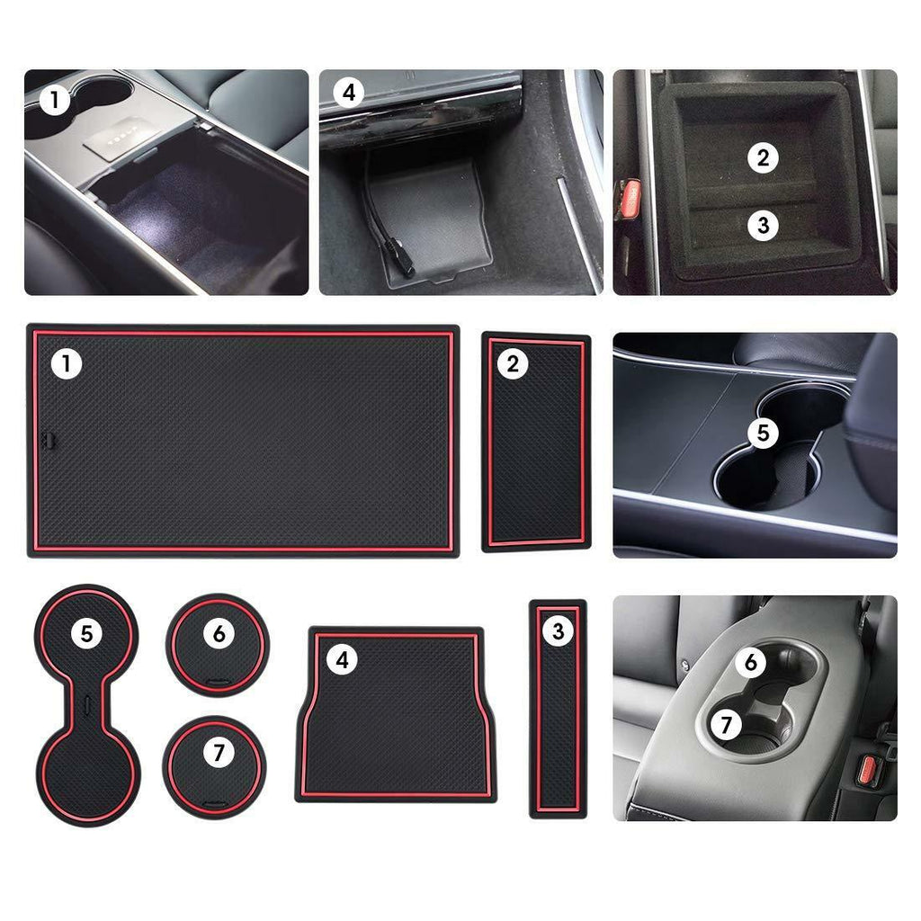 Tesla Model 3 Cup Holder & Center Console Mat Liner Set, 7-Piece, Black / Red, 2017-2020