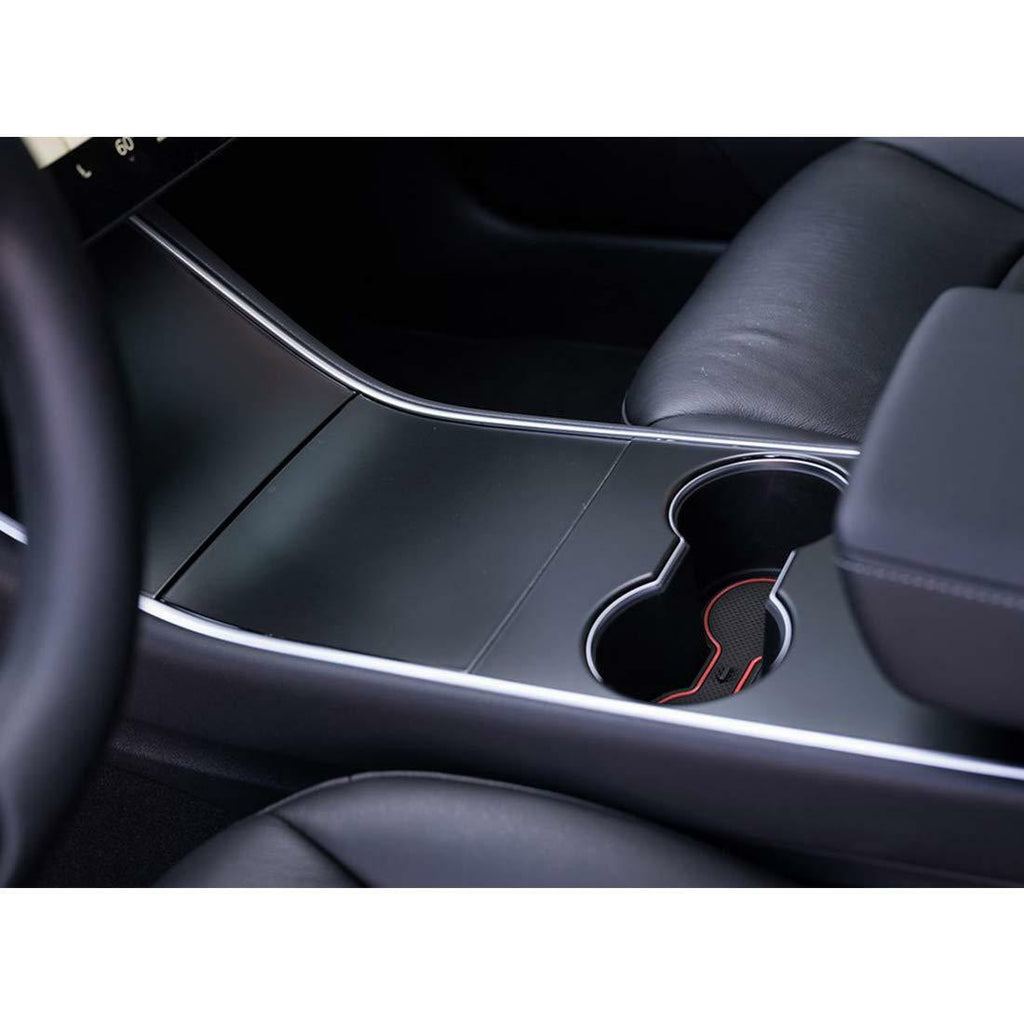 Tesla Model 3 Cup Holder & Center Console Mat Liner Set, 7-Piece, Black / Red, 2017-2020