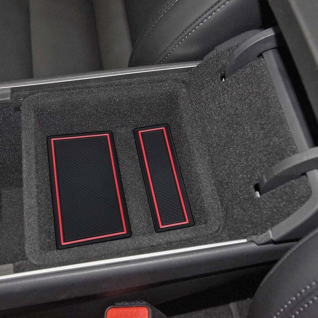 Tesla Model 3 Cup Holder & Center Console Mat Liner Set, 7-Piece, Black / Red, 2017-2020