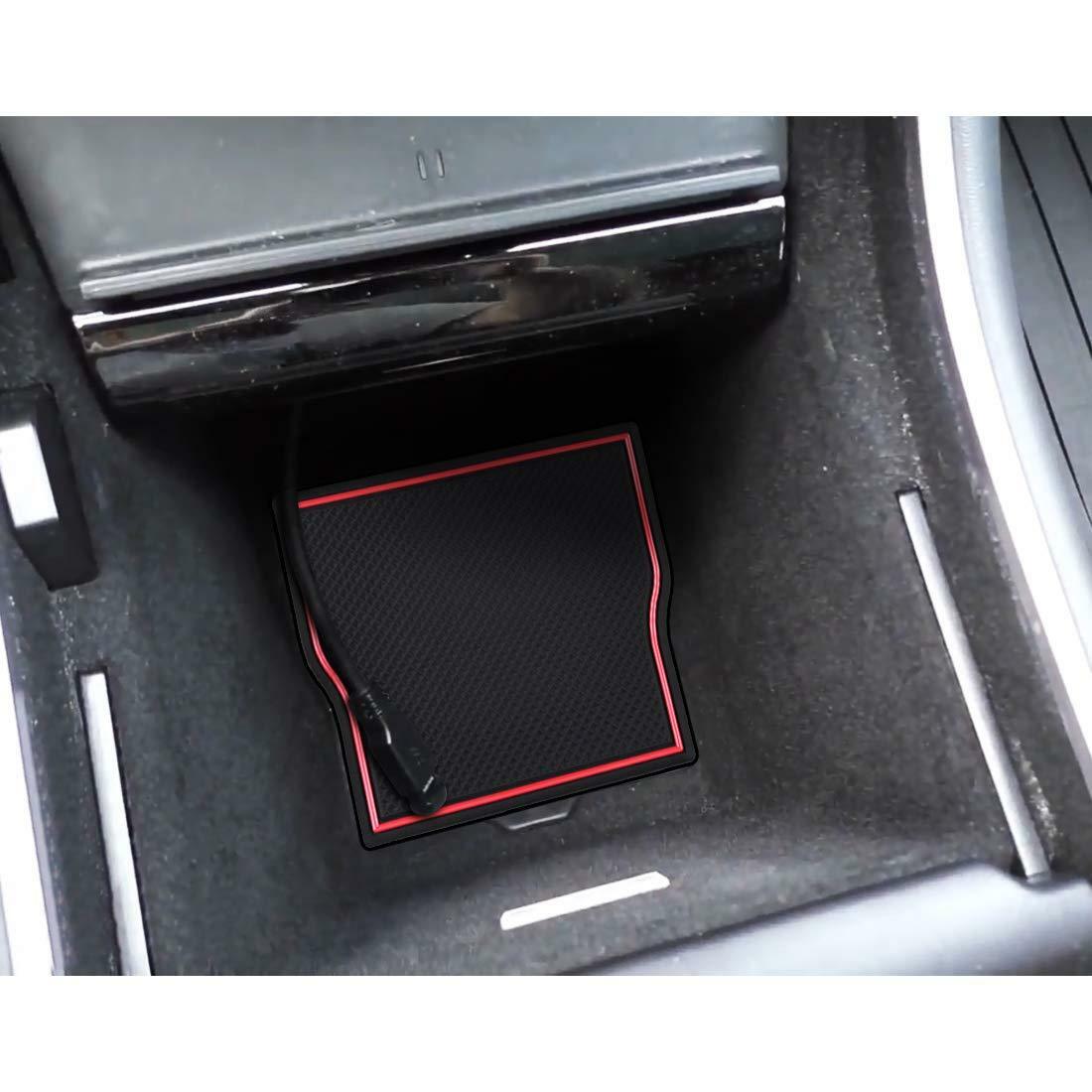 Tesla Model 3 Cup Holder & Center Console Mat Liner Set, 7-Piece, Black / Red, 2017-2020