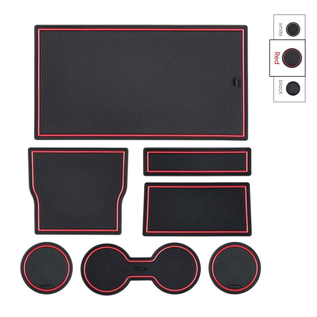 Tesla Model 3 Cup Holder & Center Console Mat Liner Set, 7-Piece, Black / Red, 2017-2020