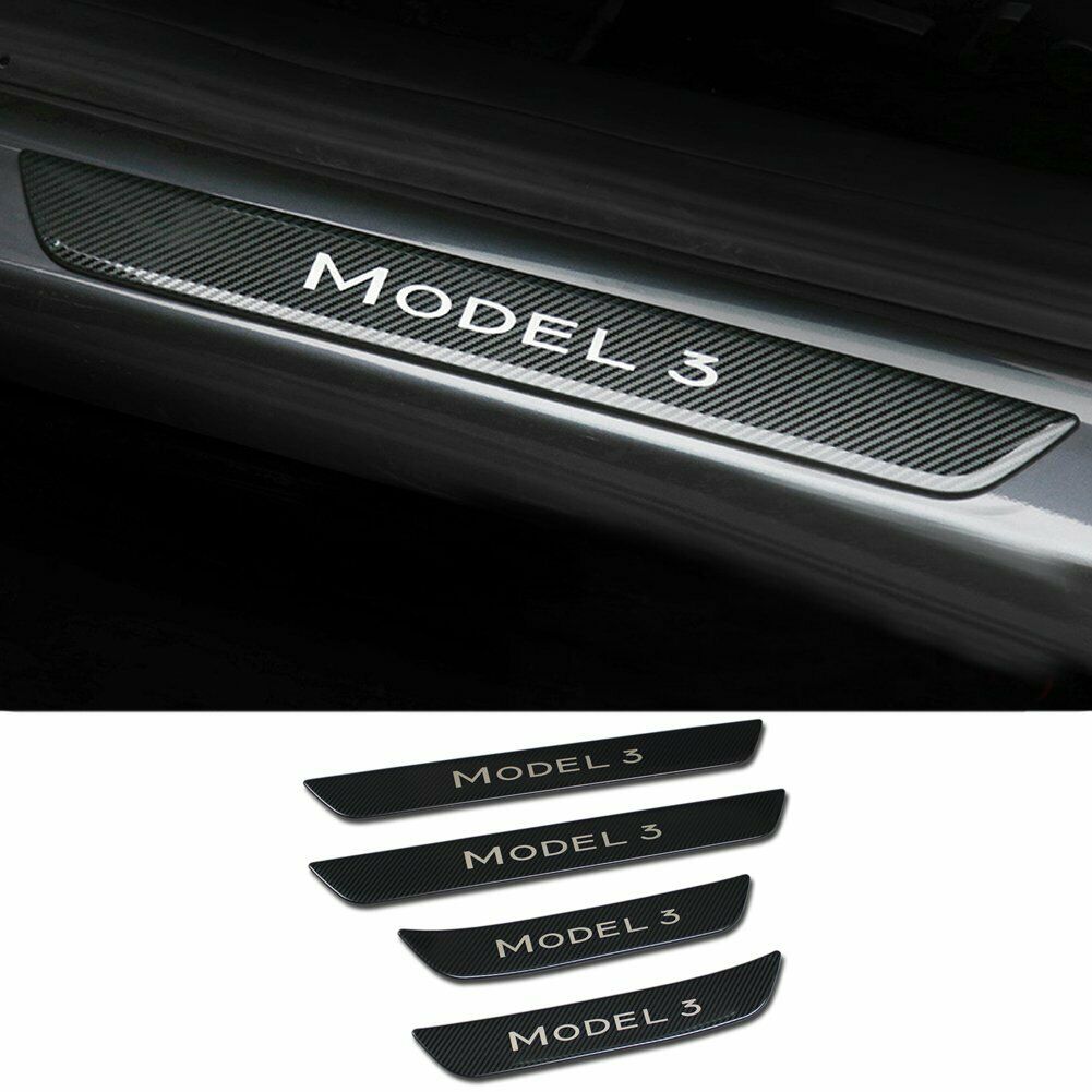 Tesla Model 3 Door Scuff Plate Protectors, Black Stainless-Steel Carbon Fiber with Logo, 2017-2023