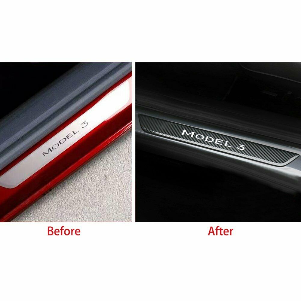 Tesla Model 3 Door Scuff Plate Protectors, Black Stainless-Steel Carbon Fiber with Logo, 2017-2023
