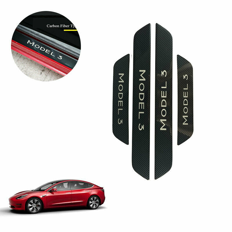Tesla Model 3 Door Scuff Plate Protectors, Black Stainless-Steel Carbon Fiber with Logo, 2017-2023