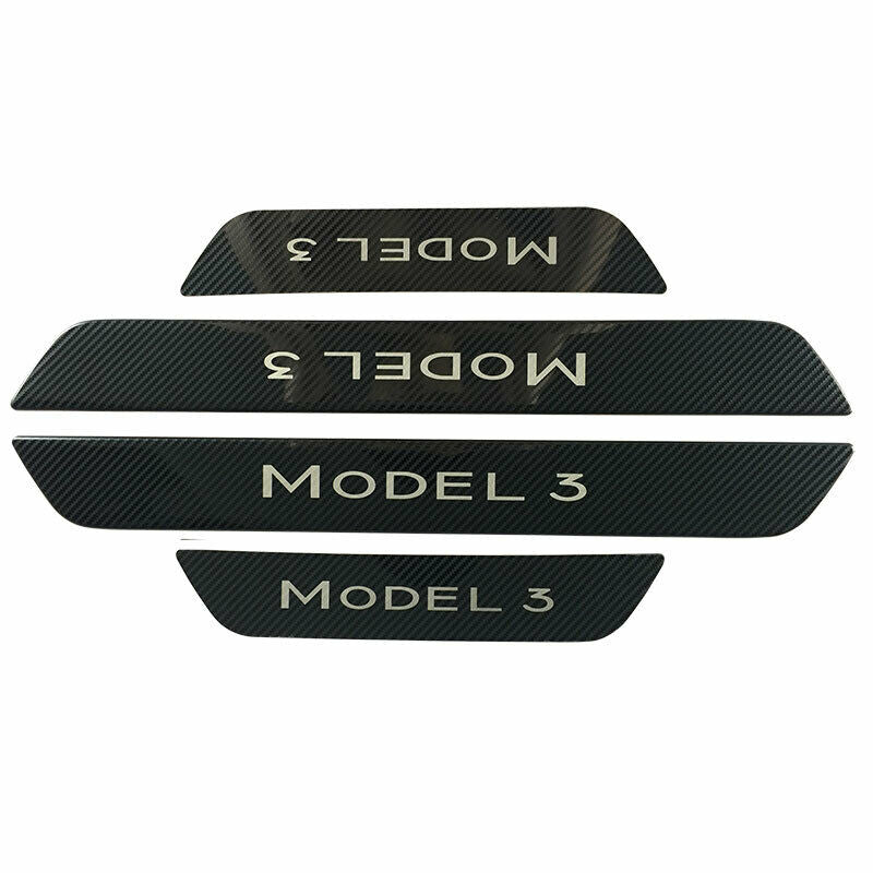 Tesla Model 3 Door Scuff Plate Protectors, Black Stainless-Steel Carbon Fiber with Logo, 2017-2023