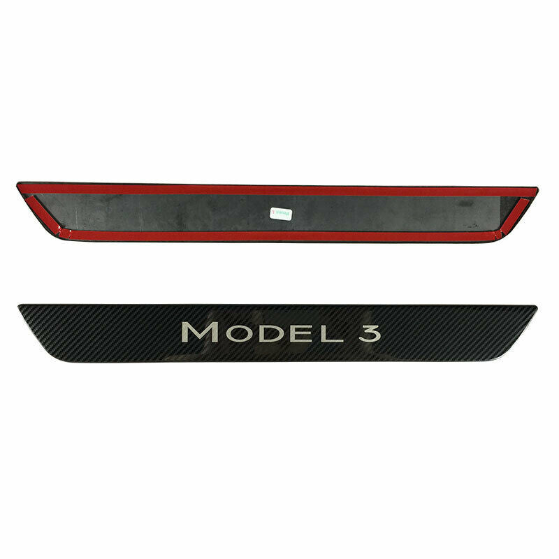Tesla Model 3 Door Scuff Plate Protectors, Black Stainless-Steel Carbon Fiber with Logo, 2017-2023