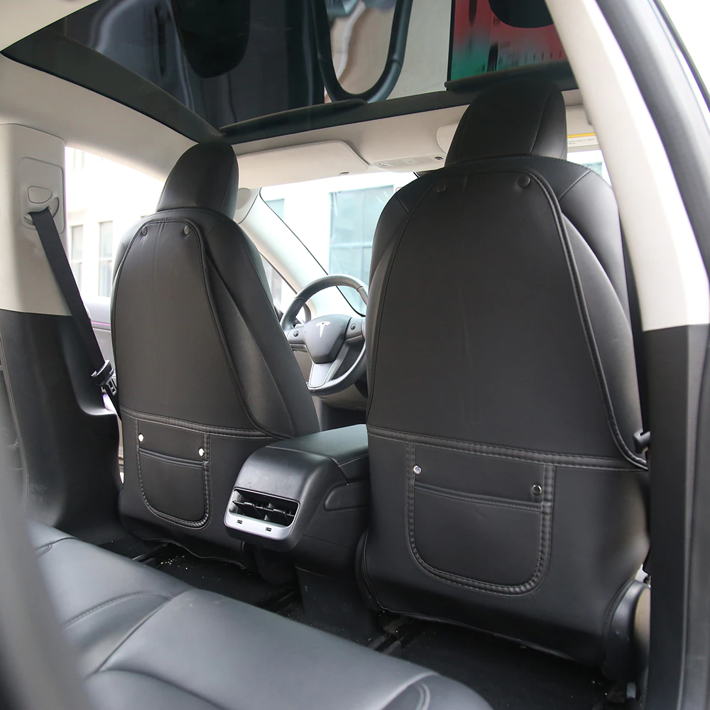 Tesla Model 3, Y Seat Back Protectors, Full Coverage, Vegan Leather, Black