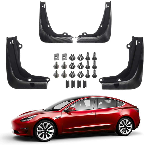 Tesla Model S Mud Flaps, No Drill, Premium Front & Rear Set, 4-Pc, Matte Carbon Fiber, 2017-2020