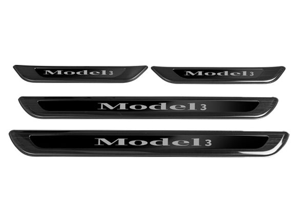 Tesla Model 3 Door Scuff Plate Protectors, Black Stainless with Logo, 2017-2023