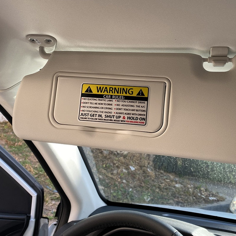 Funny Sun Visor Safety Warning Rules Decals, Tesla, Chevy Bolt, Chevy Volt, Fiat 500E, Smart Car, Jaguar I-Pace