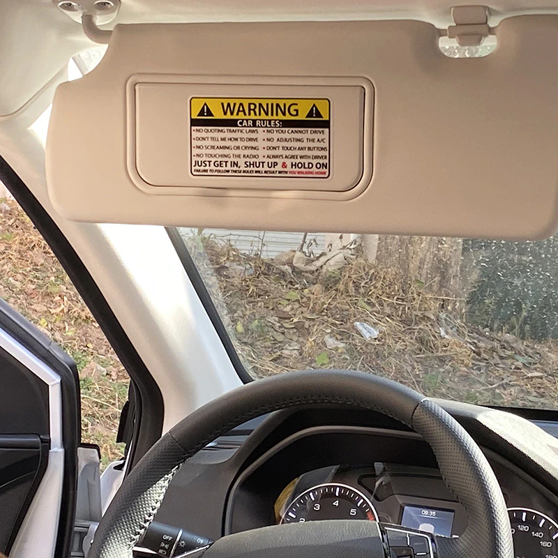Funny Sun Visor Safety Warning Rules Decals, Tesla, Chevy Bolt, Chevy Volt, Fiat 500E, Smart Car, Jaguar I-Pace