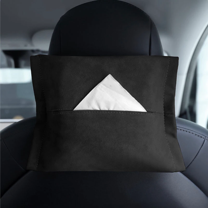 Tesla Model 3, Y Hanging Hidden Tissues Box Holder, Behind Center Screen, Black Suede