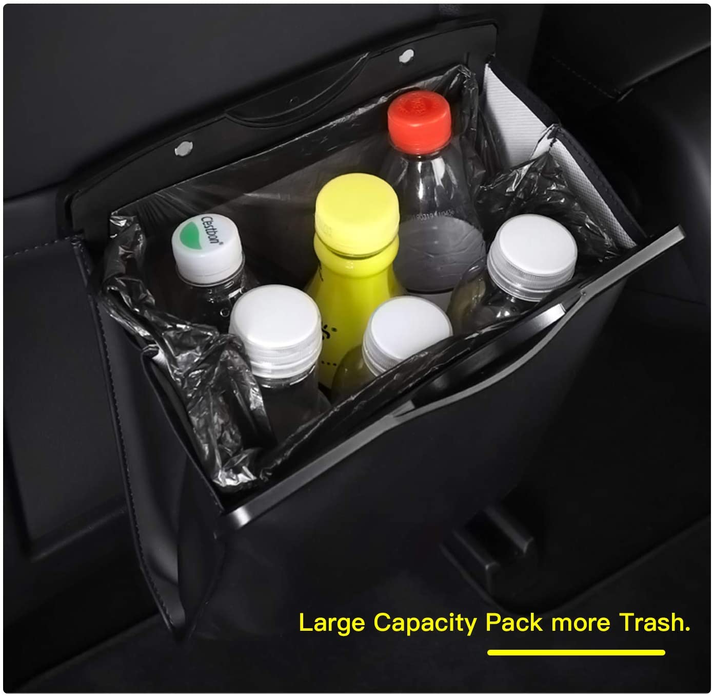 Tesla Model 3, Y Hanging Trash Can Or Storage Bin, Black Leather, Magnet Closure