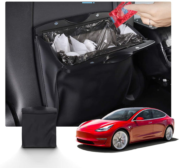 Tesla Model 3, Y Hanging Trash Can Or Storage Bin, Black Leather, Magnet Closure