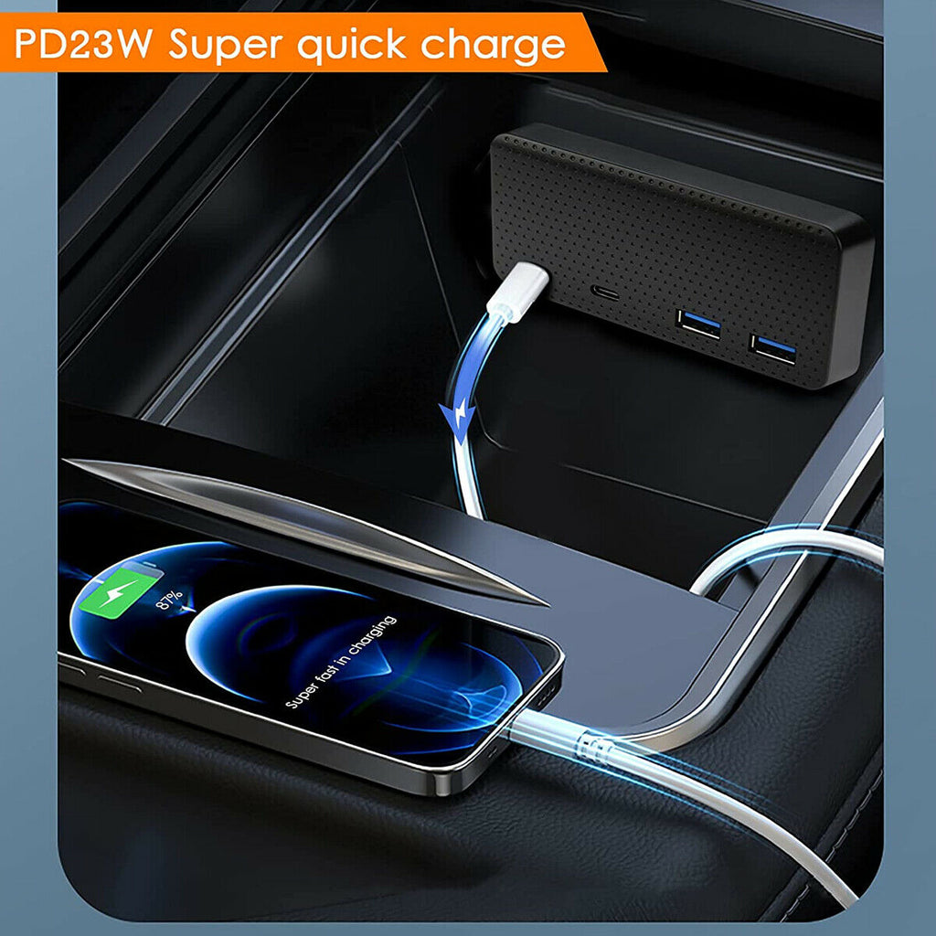 Tesla Model 3, Y, Cybertruck USB Hub 4-in-1 Console Docking Station, Fast Charger