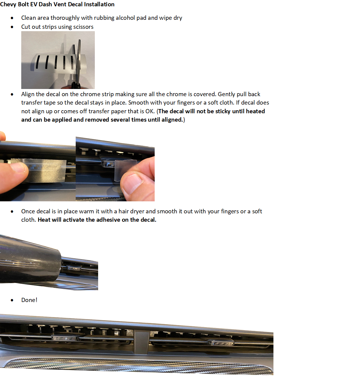 Chevy Bolt EV Dash Vent Chrome Trim Delete Decals, Many Colors, 2017-2021