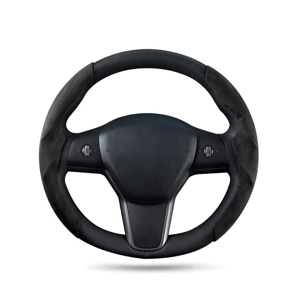 Tesla Model 3, Y Steering Wheel Cover Caps, Alcantara Suede, Black or