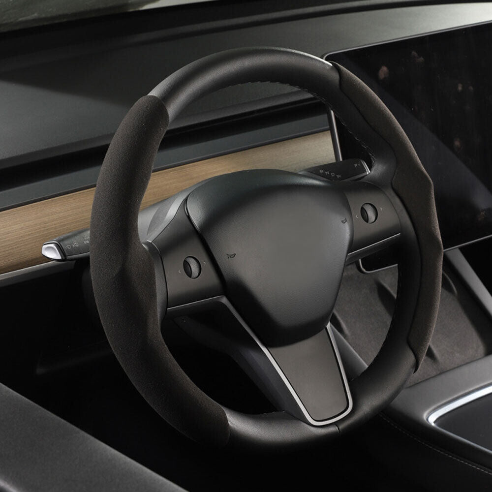 Tesla Model 3, Y Steering Wheel Cover Caps, Alcantara Suede, Black or Gray