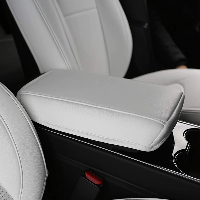 Tesla Model 3, Y, Leather Center Console Armrest Cover, White