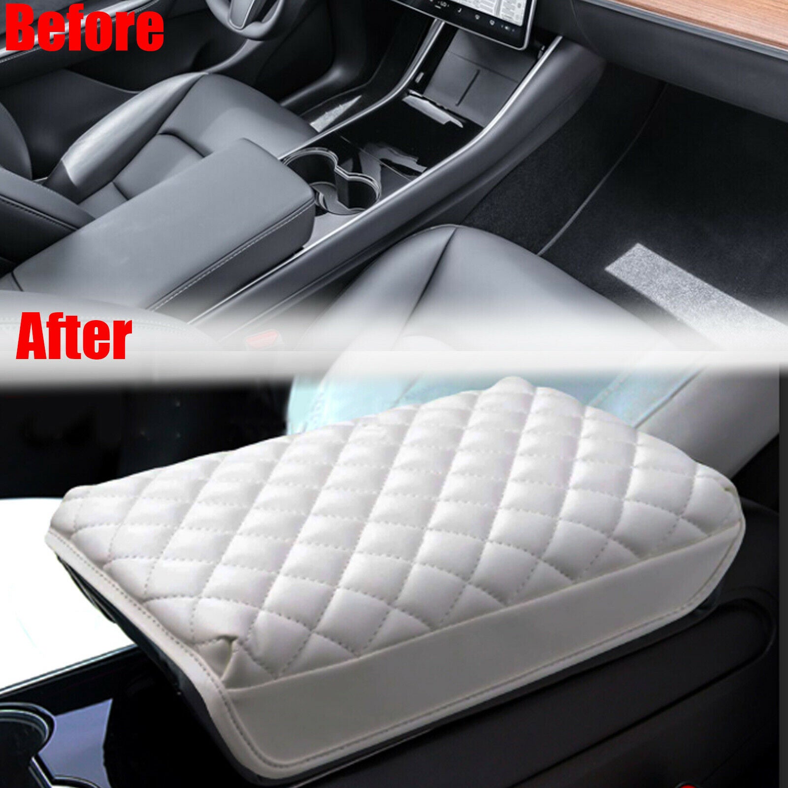 Tesla Model 3, Y, PU Leather Padded Diamond Pattern Center Console Cushion Armrest Cover, White