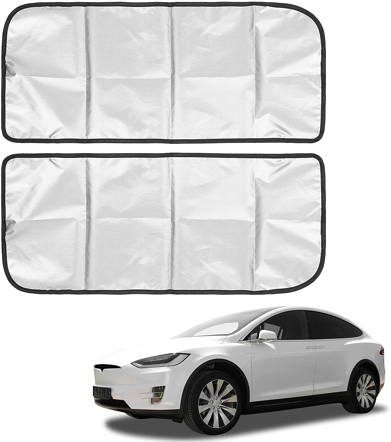 Tesla Model X Wing Doors Sunroof Sunshade, Coated Black Silver Tone Cloth, 2-Piece, 2016-2022